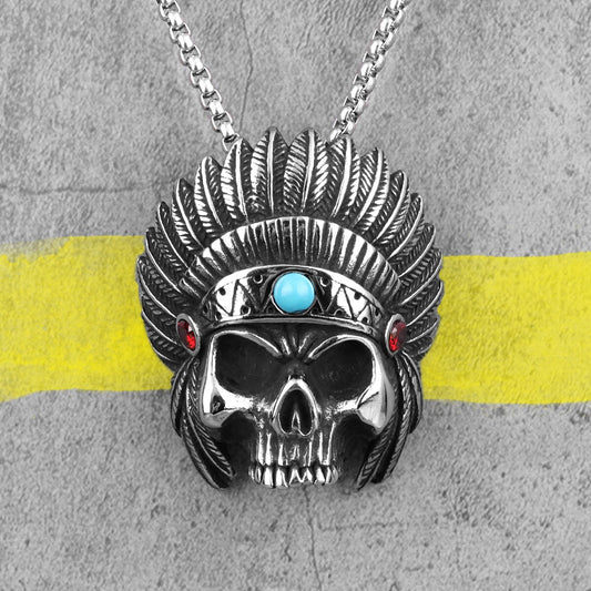 Indian Chief Skull Long Men Necklaces Pendants Chain Punk