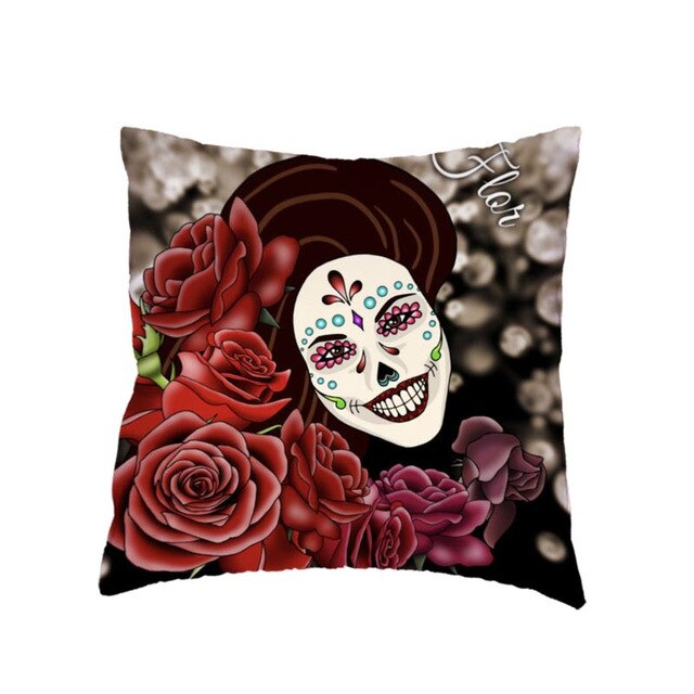 Colorful Sugar Skull Polyester Cushion Cover White Mexican Style