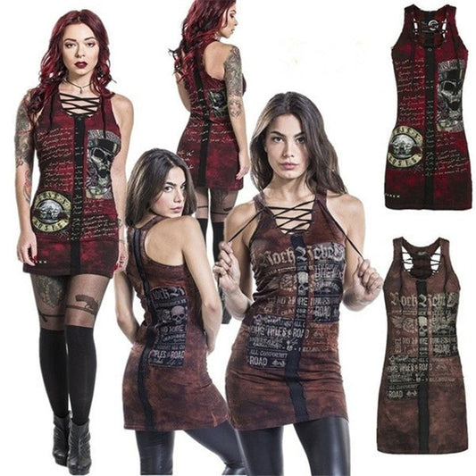 Punk Style Womens Club Gothic Skull Printing Vest Sexy Bandage Sleeveless O Neck Camisole Mini Dress Plus Size