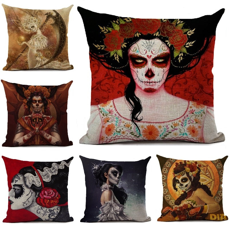 Day Of The Dead Halloween Cushion Pillow Cover Horror Sugar Skull