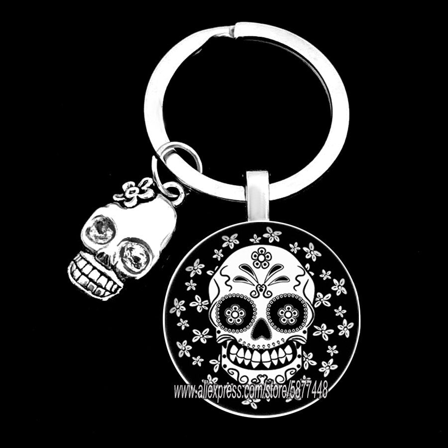 Exquisite Colorful Sugar Skull Pendent Glass Keychain Skeleton and Flower Key Ring for Unisex