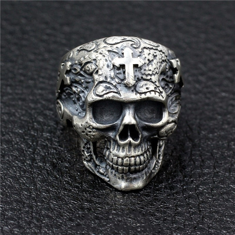 S925 pure silver skull men's ring handmade cross ghost head