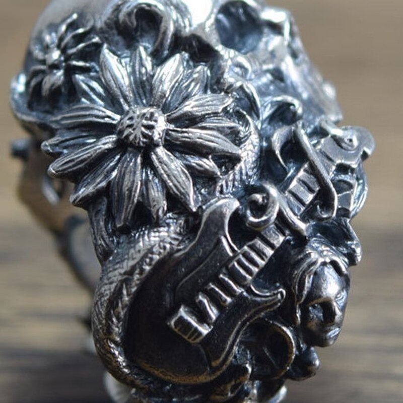 Men Women Stainless Steel Ring Gothic Music Guitar Flower Skull Ring Gargoyle Biker Rings Punk Fashion Jewelry