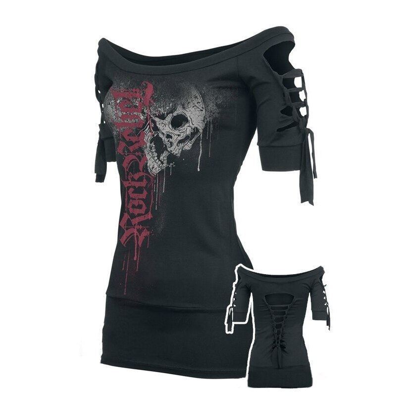 Black Skull Halloween Gothic Lace Up Criss Cross Blackless