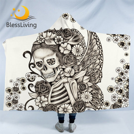 Gothic Skull Hooded Blanket Super Soft Retro Butterfly Rose Blanket