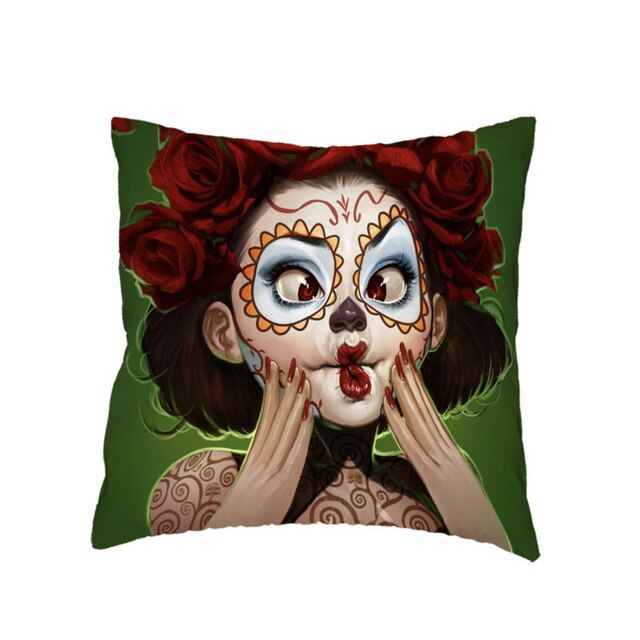 Colorful Sugar Skull Polyester Cushion Cover White Mexican Style