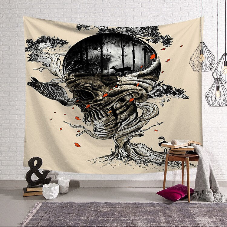 Psychedelic Gothic Skull Tapestry Romantic Flower Death Art Painting Wall