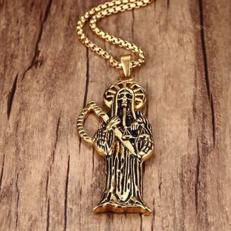 Hip Hop Vintage Holy Saint Death Santa Muerte Skull Biker Pendant Golden