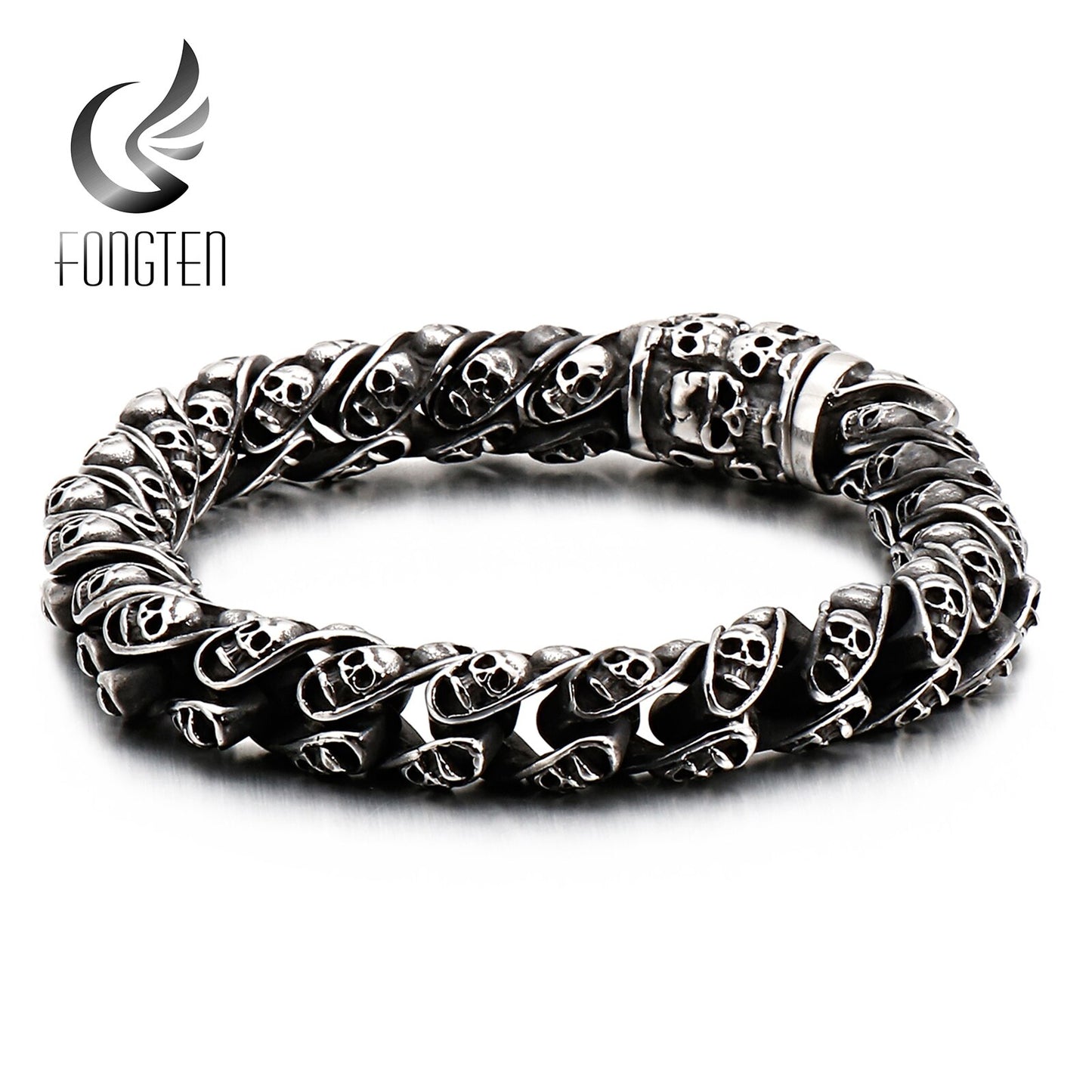 Vintage Skull Engraved Cuff Bracelet Men Link Chain Stainless Steel