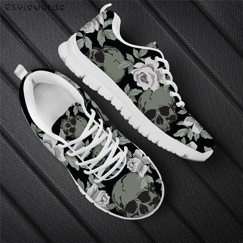 Punk Style Women Flats Skull Head 3D Print Breathable Air Mesh Sneaker Shoes