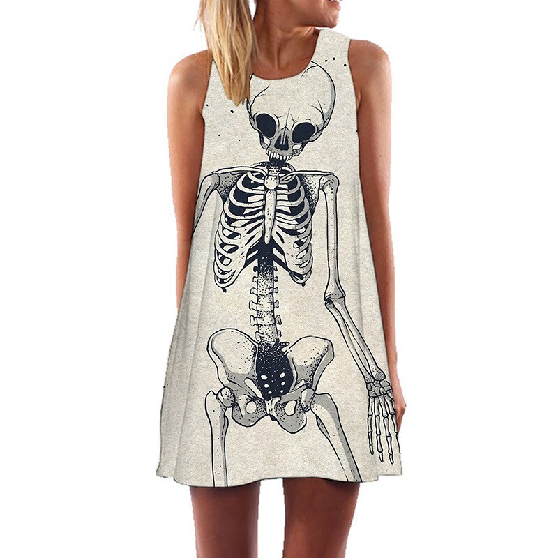 Women Summer Skull Dress Sundress 3D Printed Vintage