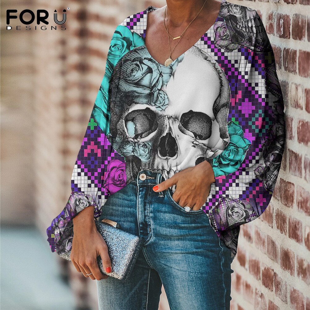 Sugar Skull With Flower Pattern Ladies Loose V Neck Casaul Balloon Sleeve