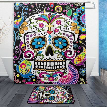 Set of 2 Floral Sugar Skull Shower Curtain and Mat Set