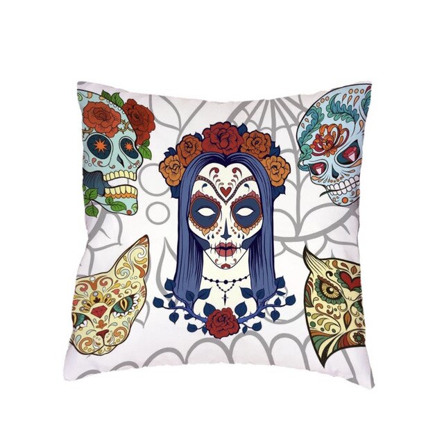 Colorful Sugar Skull Polyester Cushion Cover White Mexican Style