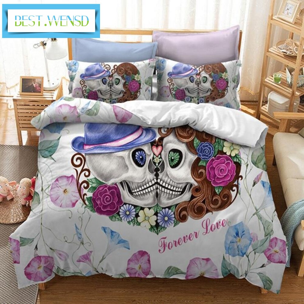 Sugar skull Bedding Sets Kiss skull Duvet Cover Bed Set Print 3d Flowers