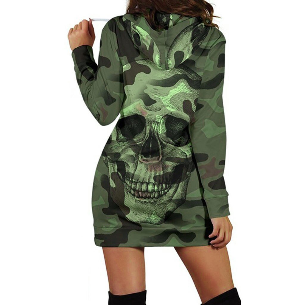 Sweashirt Dress Women Long Sleeve Casual Hooded Camouflag Skull