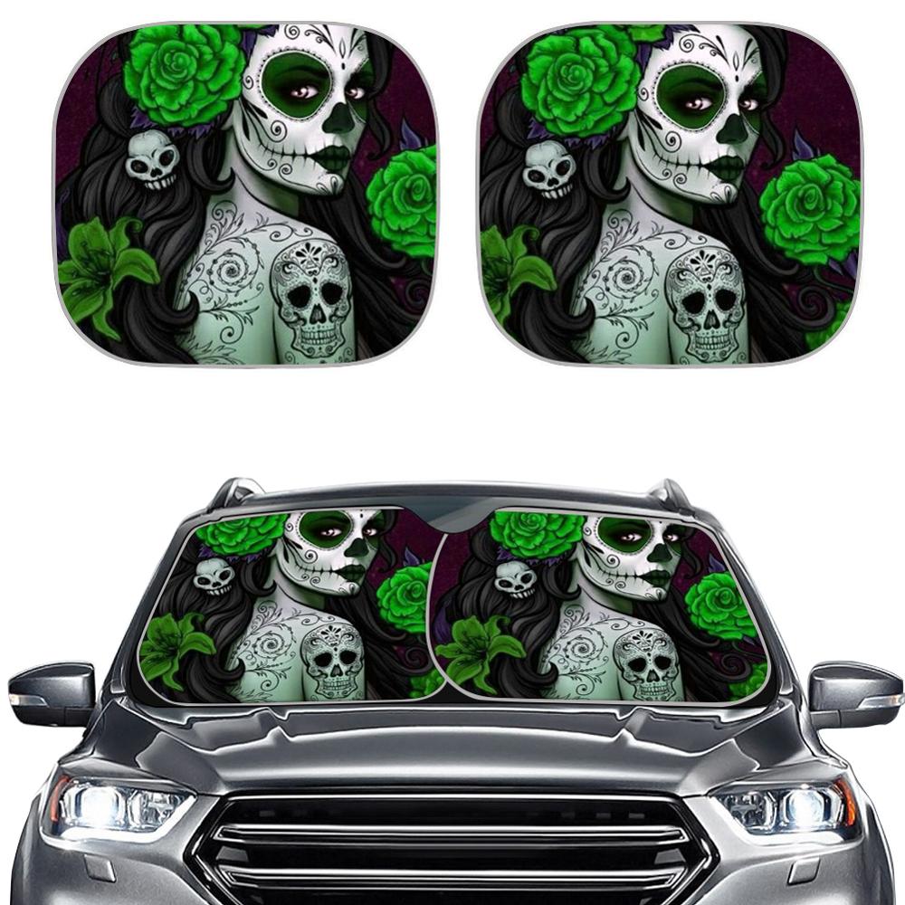 Set 2pcs Fashion Side Window Day of the Dead Sugar Skull Flower Print 2pcs/Set