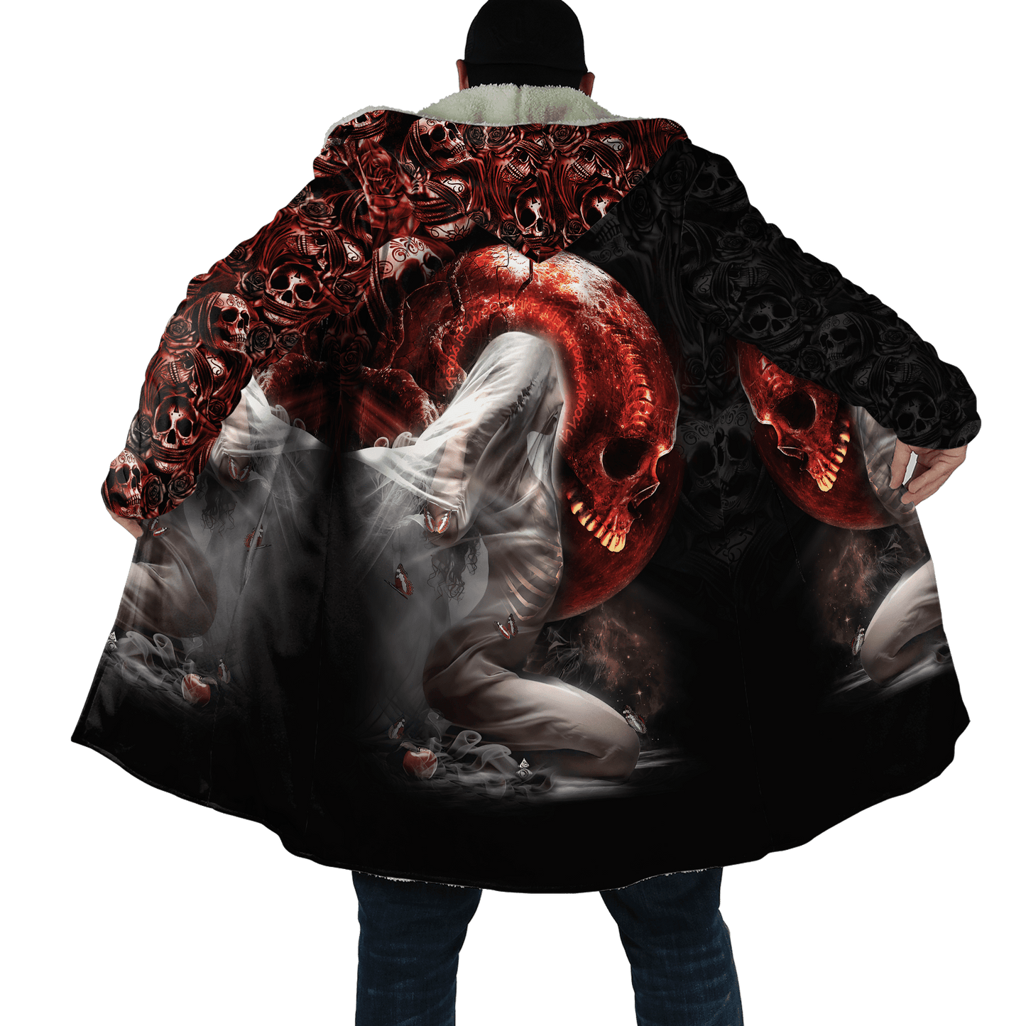 Winter Mens Cloak Fire Reaper Skull Tattoo 3D full Printing Fleece Hooded cloak Coat Unisex Casual Thick Warm Cape coat