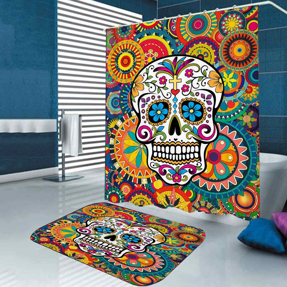 Halloween Skull bathroom curtain Waterproof Shower Curtain Set