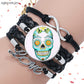Mexico Sugar Skull Jewelry Glass Cabochon Black Leather Bracelet