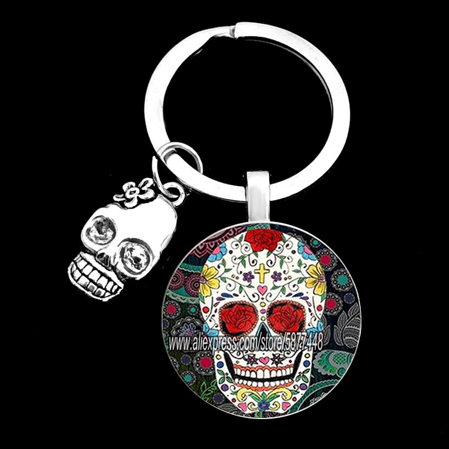 Exquisite Colorful Sugar Skull Pendent Glass Keychain Skeleton and Flower Key Ring for Unisex