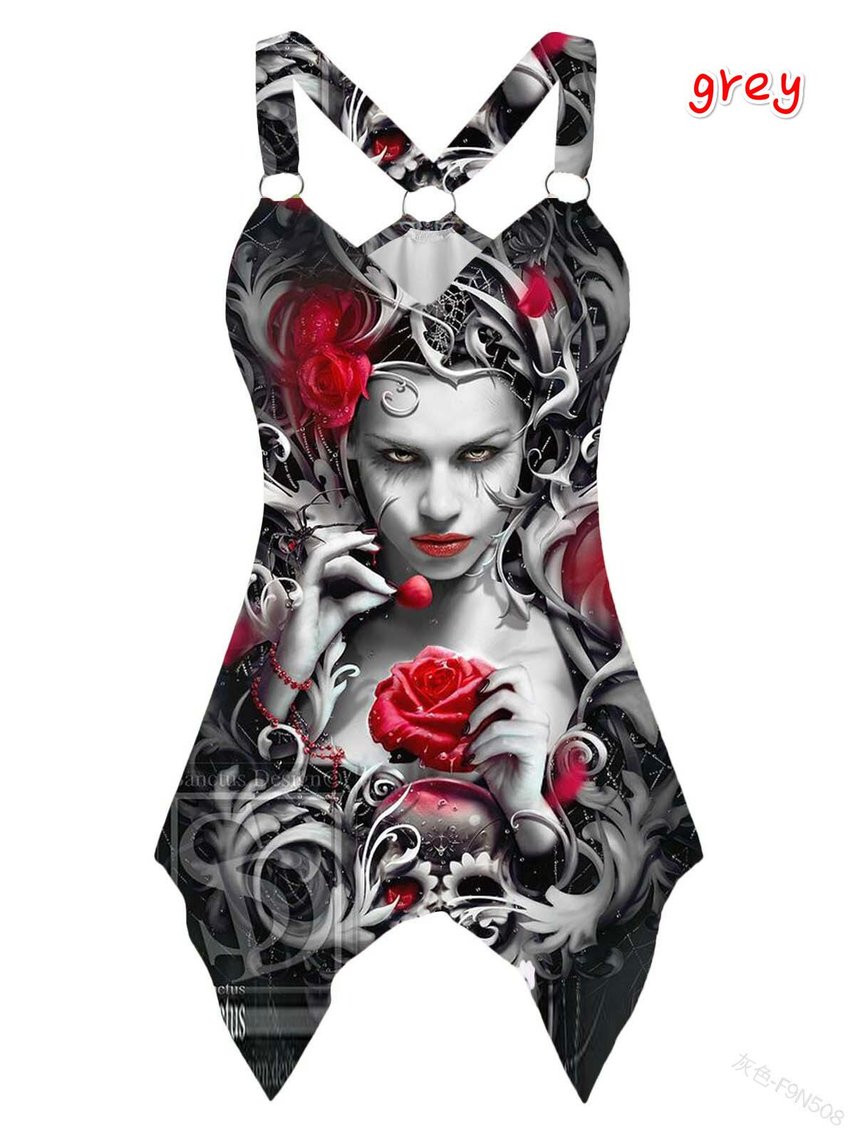 Gothic Tshirt Skull Print Tops Shirt with Narrow Straps Women Irregular V-neck Plus Size