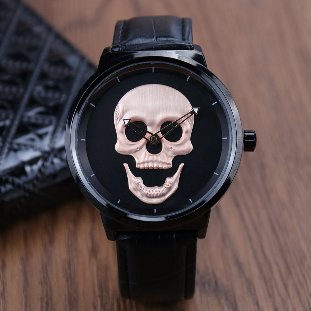 AISHY Fashion Men's Waterproof Stainless Steel Belt Skull Head Leather Copy Watch  Ghost Head Male Wristwatches Reloj Hombre