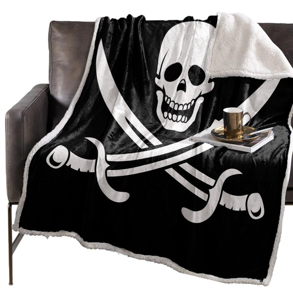 Sword Pirate Skull White Black Blanket Floral Fleece Blanket
