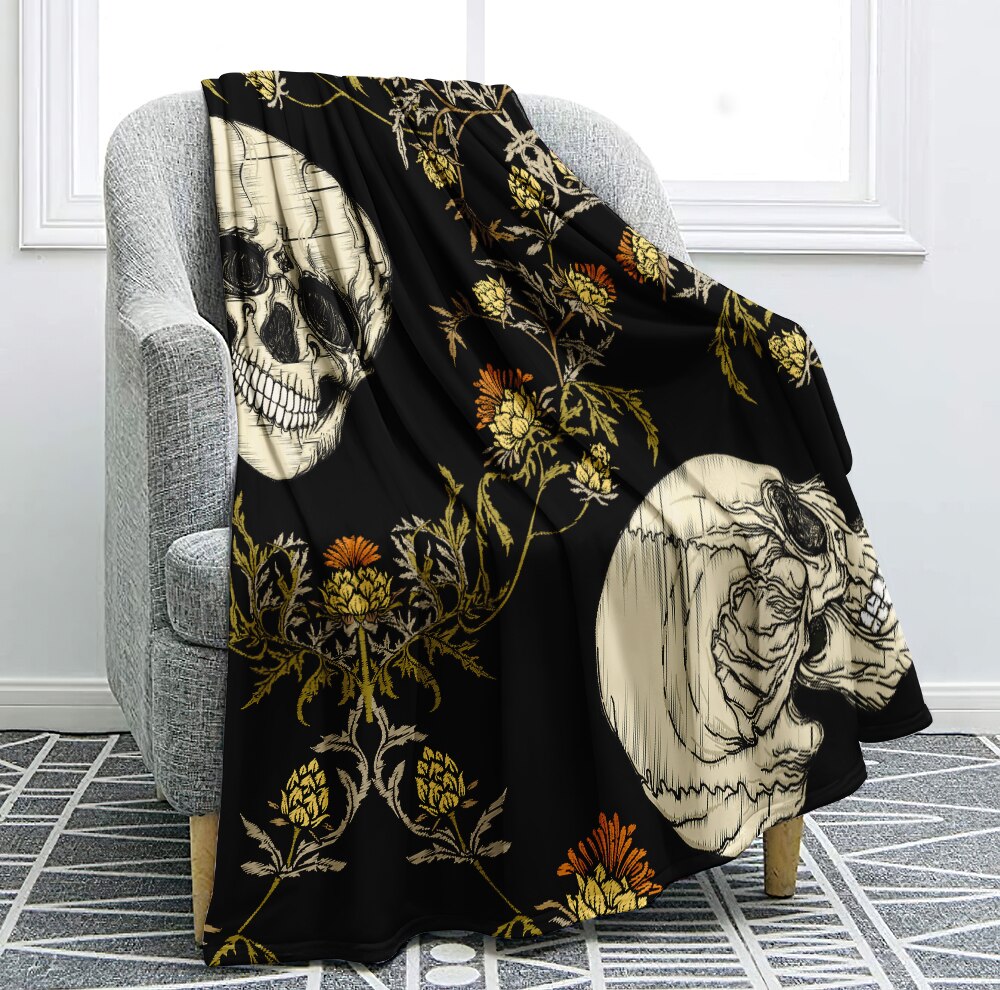 Skull Blanket Floral Skull Throw Blanket Black White Background Sherpa Flannel Blanket