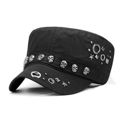 Men Baseball Cap Flat Hats  Skull Rivet Flat Top Hat Outdoor Leisure Military Hat