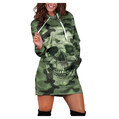 Sweashirt Dress Women Long Sleeve Casual Hooded Camouflag Skull