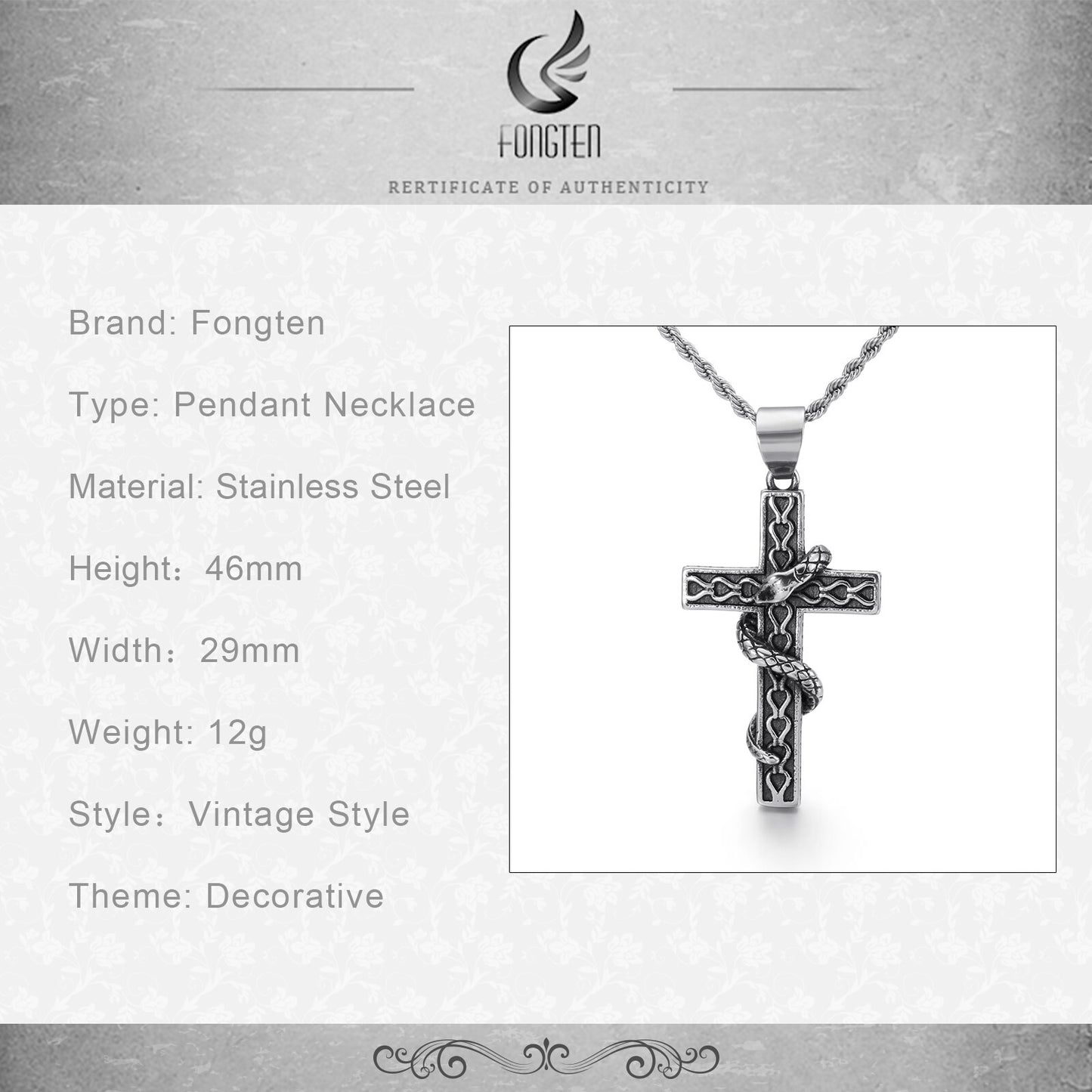 Vintage Cross Snake Pendant Gothic Men Stainless Steel