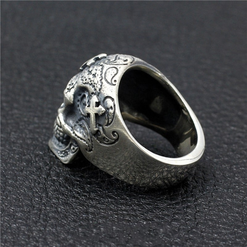 S925 pure silver skull men's ring handmade cross ghost head