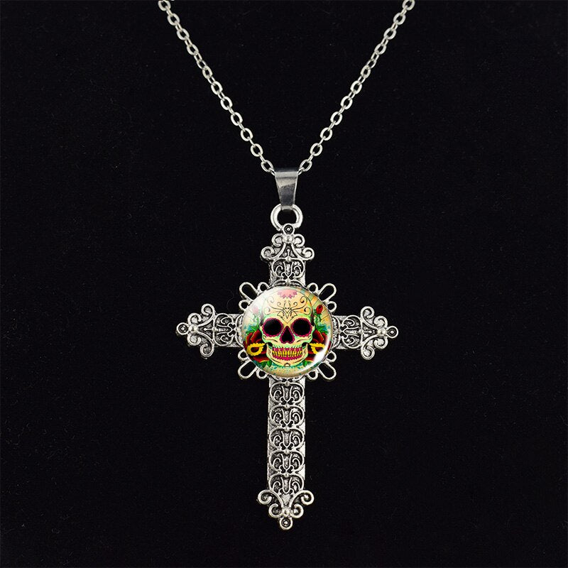 Sugar Skull Picture Glass Dome Cross Pendant Chain Necklace Punk Jewelry