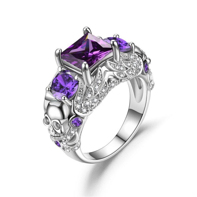 Skull Angel Ring Women Purple Crystal CZ Rings Black