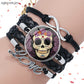 Mexico Sugar Skull Jewelry Glass Cabochon Black Leather Bracelet