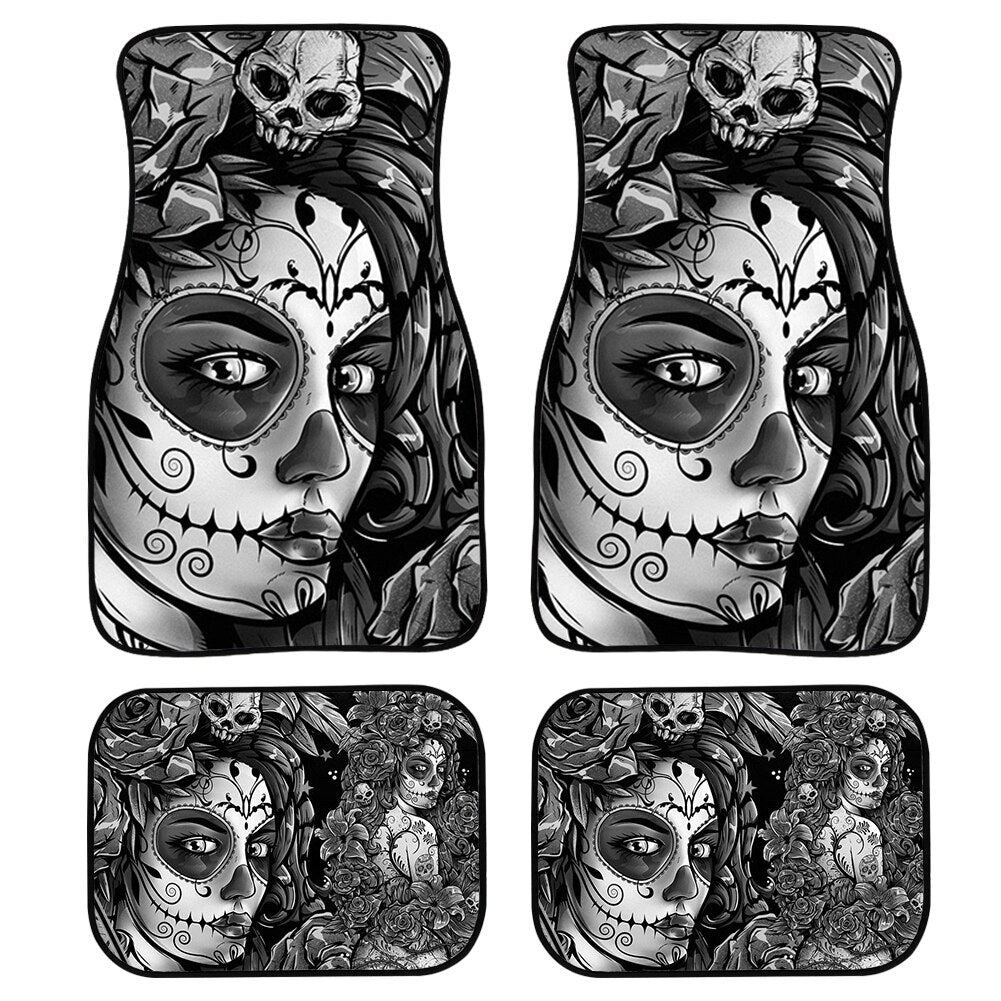 4pcs/Set Day Of The Dead Skull Gothic Car Floor Washable Mats for Front and Back