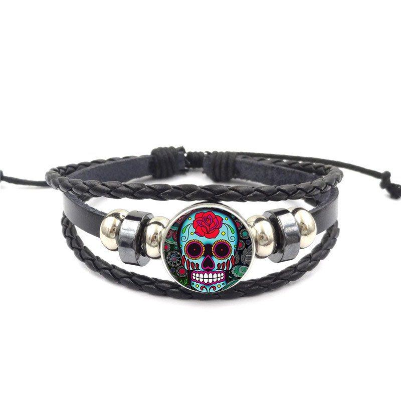 Sugar Skull Fashion Jewelry Cabochon Glass Black Leather Bracelet