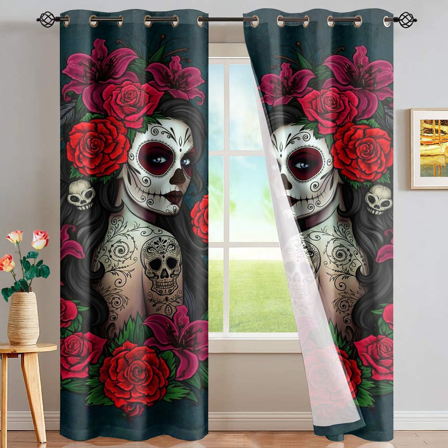 Sugar Skull Day Of The Dead Design Red Window Curtain