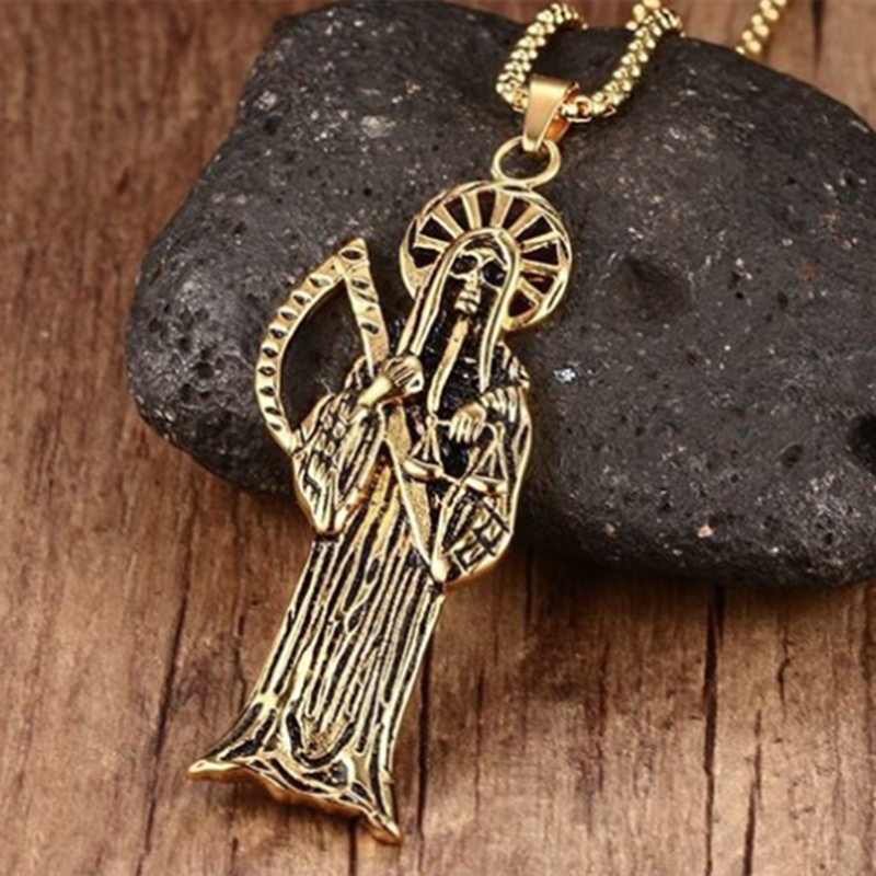 Hip Hop Vintage Holy Saint Death Santa Muerte Skull Biker Pendant Golden