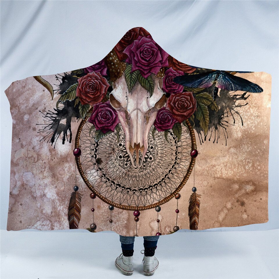 Flowery Skull by SunimaArt Hooded Blanket Flower Dragon