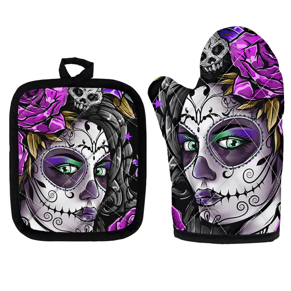 Skull Day of the Dead Gothic Style Kitchen Cooking Microwave Oven Gloves Mitts