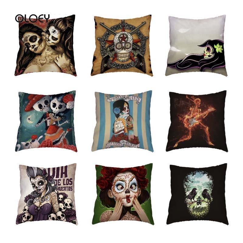 Colorful Sugar Skull Polyester Cushion Cover White Mexican Style