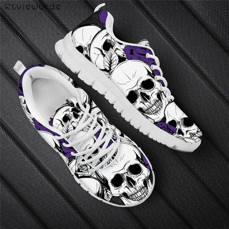 Punk Style Women Flats Skull Head 3D Print Breathable Air Mesh Sneaker Shoes