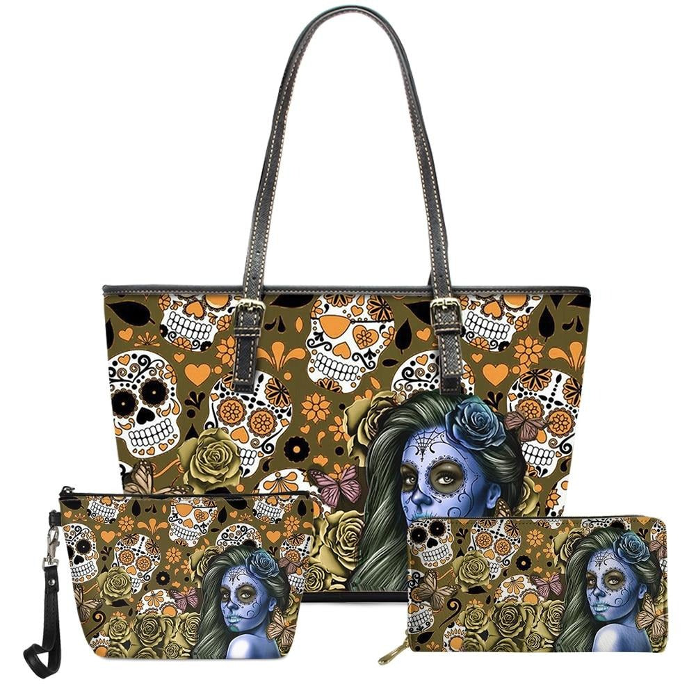 3pcs Fashion Sugar Skull Girl Pattern PU Leather Handbags Women Bag Set