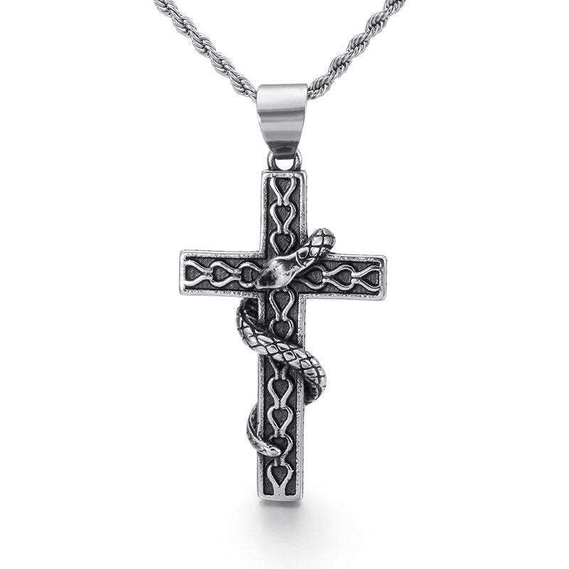 Vintage Cross Snake Pendant Gothic Men Stainless Steel