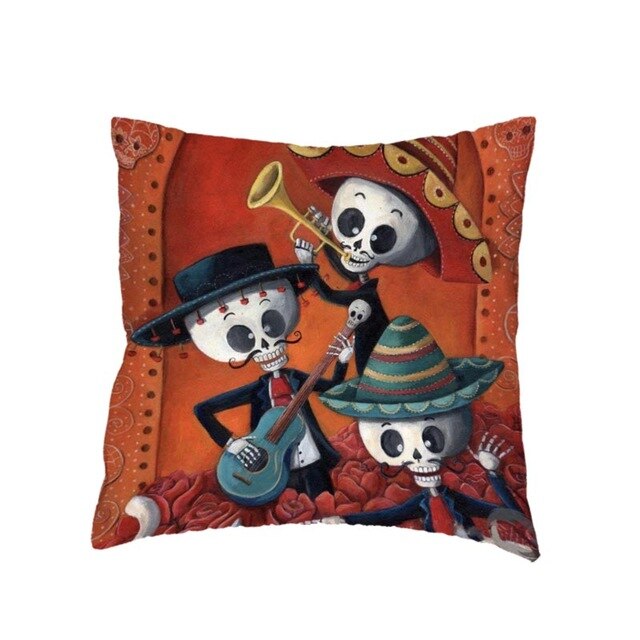 Colorful Sugar Skull Polyester Cushion Cover White Mexican Style