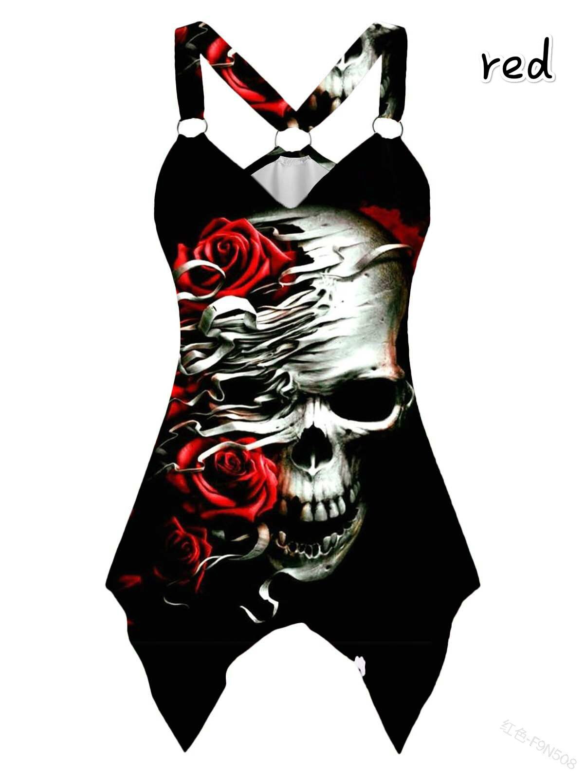 Gothic Tshirt Skull Print Tops Shirt with Narrow Straps Women Irregular V-neck Plus Size
