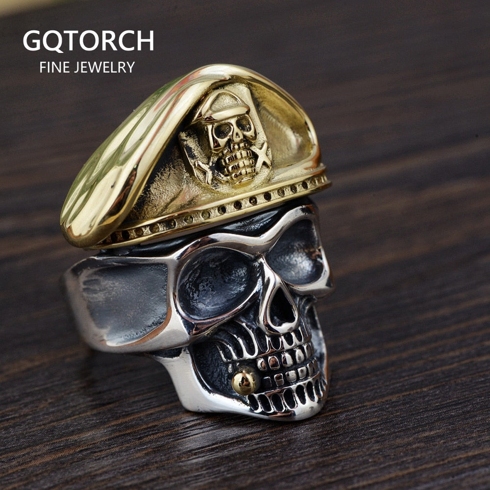 Authentic 925 Sterling Silver Skull Head Mens Rings Biker With Cap Vintage Punk