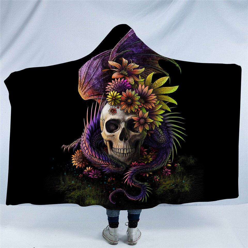 Flowery Skull by SunimaArt Hooded Blanket Flower Dragon